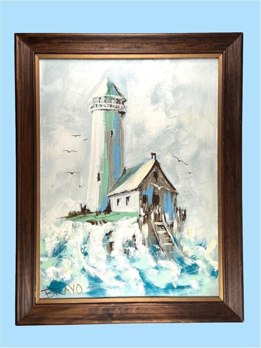 Vintage Lighthouse Painting Nova Scotia Coastal Seascape Signed 22x28 Framed Art